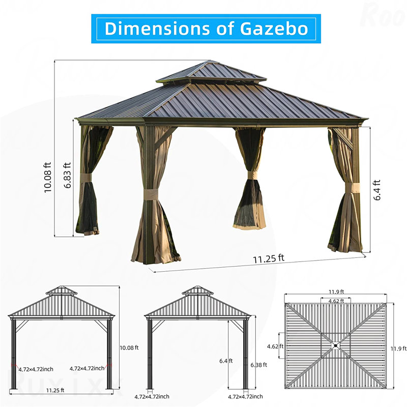 12X12FT Gazebo Aluminum, Mosquito Net For Outdoor Use With Galvanized Steel Double Roof (Brown), Blue