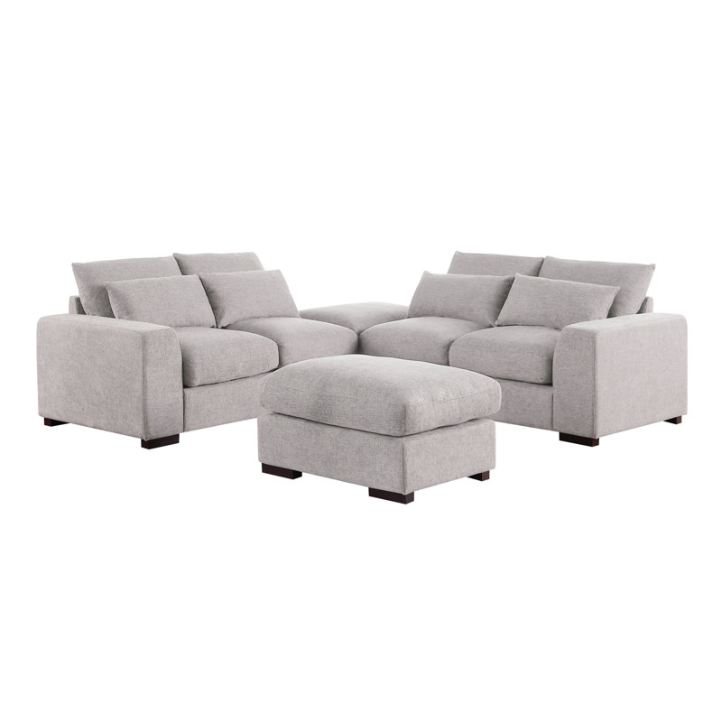 Biaggio Modular U-Shaped Sectional with 2 Ottomans, Light Gray Linen Blend, 34.25" H x 123.24" W x 37.8" D