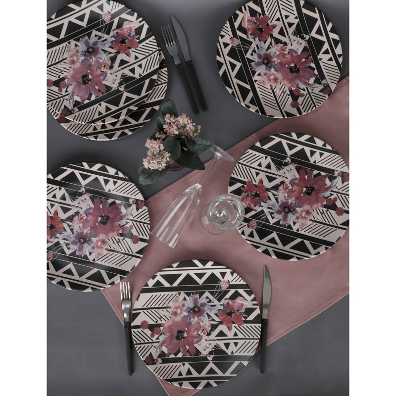 Ensemble de grandes assiettes élégantes (6 pièces), 9,8 x 9,8 x 1,1 pouces, 100% céramique | Va au lave-vaisselle et au micro-ondes | Design élégant blanc, noir et lilas | Parfait pour les réceptions et l'utilisation quotidienne, durable et chic