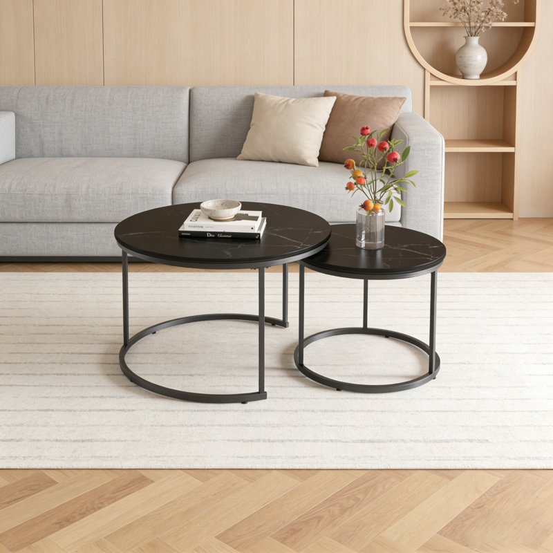 2-Piece Nesting Coffee Table Set, 27.6" Round Marble-Look Side Tables With Sturdy Metal Frame, White