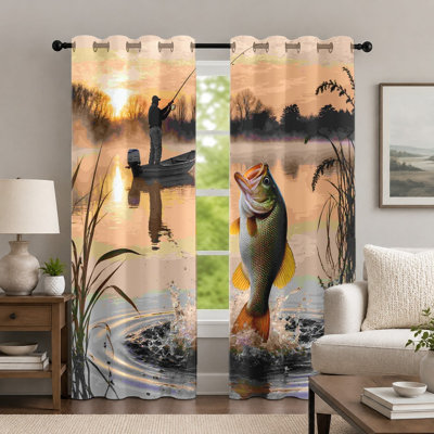 2 pièces de rideaux de scène de pêche au coucher du soleil, rideau à thème de nature en plein air, paysage pittoresque de pêcheur et de bar avec œillets, rideaux, habillage de fenêtre pour le décor de la chambre à coucher
