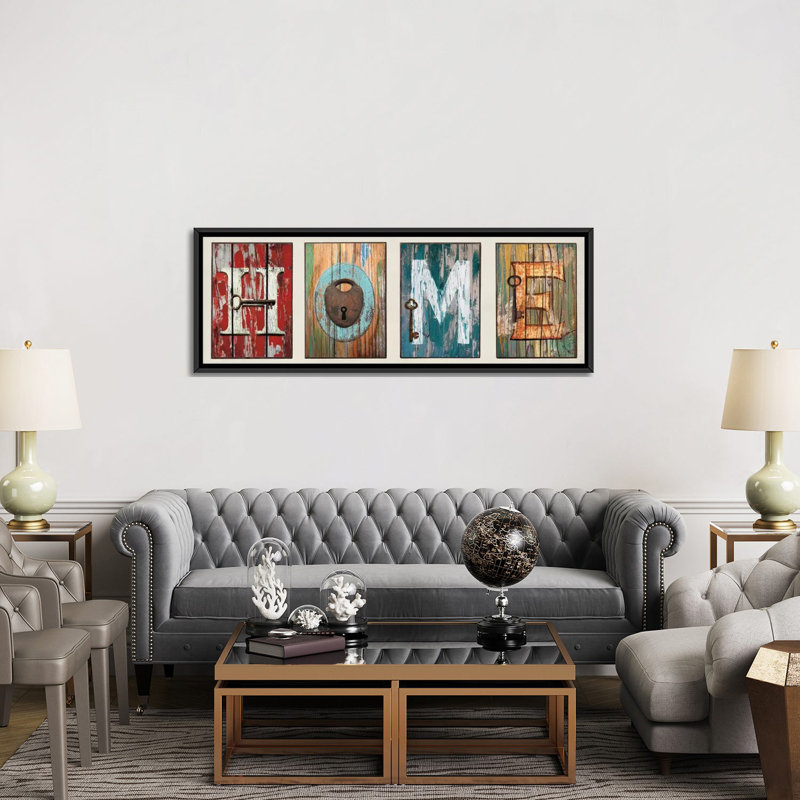 «Home», art textuel sur toile, H 12 po x l 36 po x P 1,5 po, Cadre noir