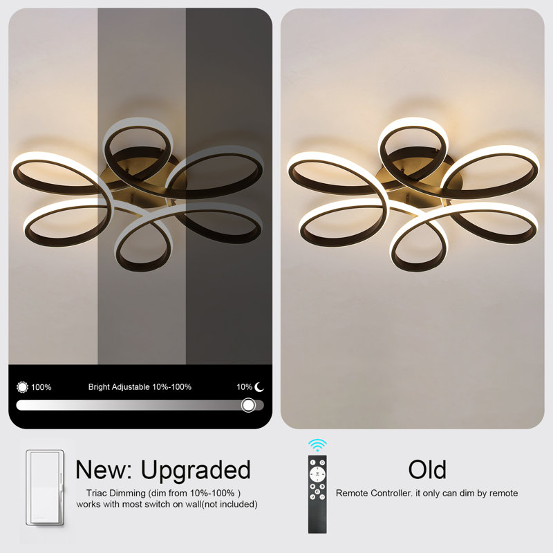 Kaczor 1-Light 23'' Semi Flush Mount Flower Ceiling Fixture Warm White LED Dimmable, Black