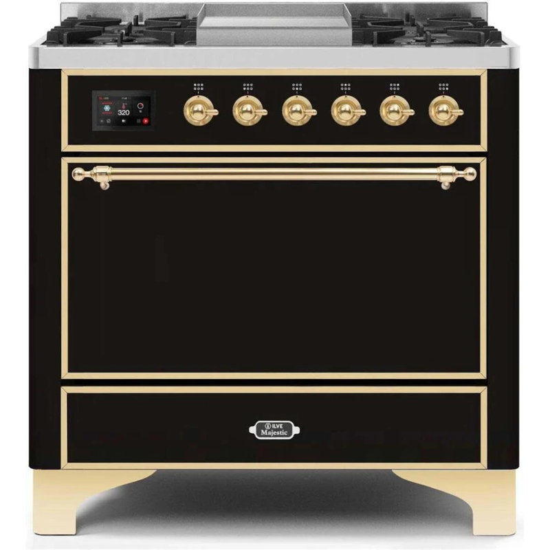Cuisinière à double combustible 36 pouces avec 6 brûleurs scellés et plaque chauffante ILVE Majestic II Series (porte pleine)