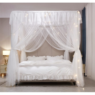 4 moustiquaires à volants avec lit à baldaquin et double couche avec moustiquaire pour 4 adultes et décoration de chambre à coucher