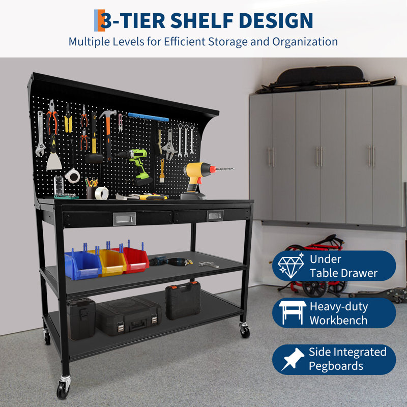 Établi de garage robuste avec roues 48 x 22 pouces - Établi multifonctionnel à 3 niveaux avec outils en métal avec panneau perforé, 2 tiroirs et tablette - Capacité de charge de 220 lb pour les ateliers, le travail du bois, le bureau et la maison