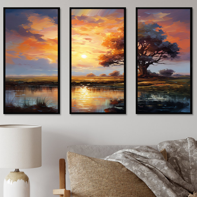 «Sunrise Autumn Country Panorama», ensemble d'art mural sur toile, Cadre flottant noir, H 28 po x l 36 po x P 1 po