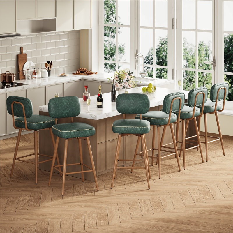 Modern Swivel Upholstered Counter Stools with Metal Frame, Green