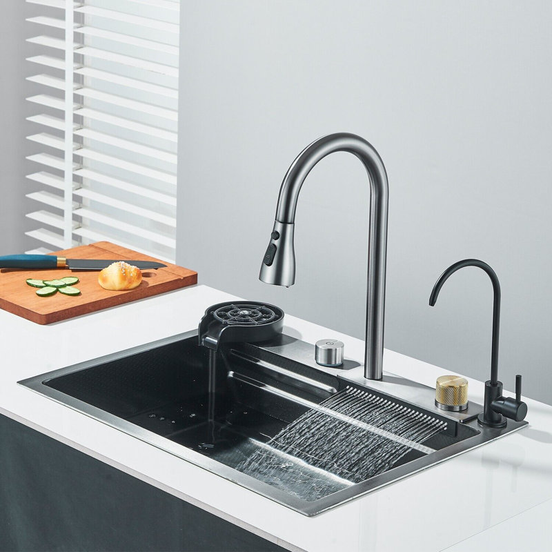 24 in Flying Rain Stainless Steel Waterfall Kitchen Sink with Faucet Single Bowl