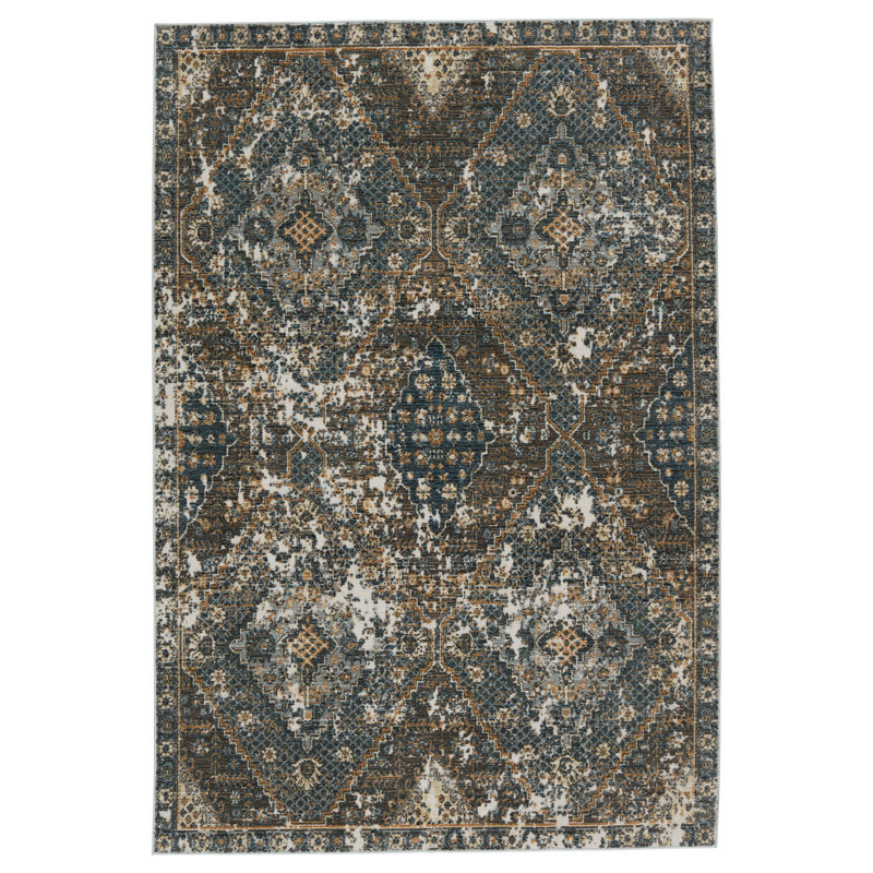 Tapis intérieur / extérieur bleu / gris / or Forand, Rectangle 9 pi 6 po x 12 pi 7 po
