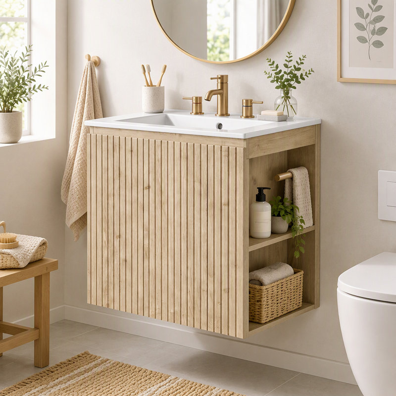 Meuble-lavabo mural de 61 cm (24 po) avec lavabo en céramique, armoire suspendue à 2 portes, tablette en U réglable, poignées dissimulées et rangement latéral ouvert
