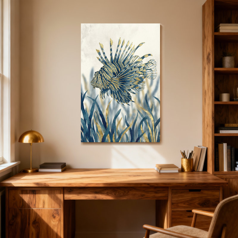 Animaux, poisson-lion en ruppie maritime bleue et dorée, H 32 po x l 48 po