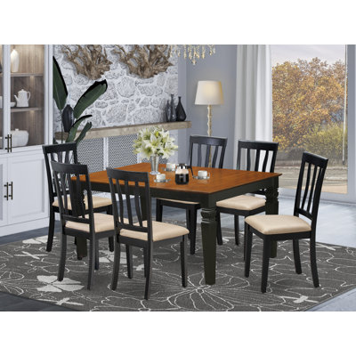 7 Piece Dining Room Furniture Set Consist of a Rectangle Kitchen Table with Butterfly Leaf and 6 Linen Fabric Chairs, Black & Cherry