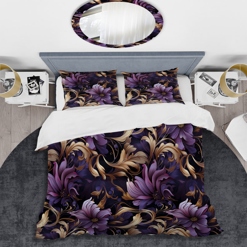 Ensemble de housse de couette glamour à motif damassé doré et mauve II, Housse de couette pour grand lit et 2 taies décor