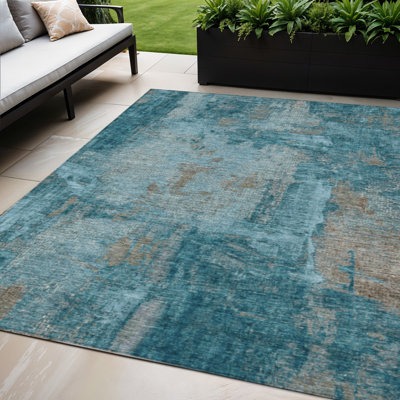 Tapis d'extérieur lavable abstrait bleu sarcelle 5 pi x 8 pi bleu et gris