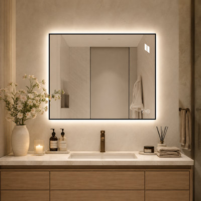 Miroir de salle de bain 32 po x 24 po avec cadre noir rétroéclairé et rétro-éclairé