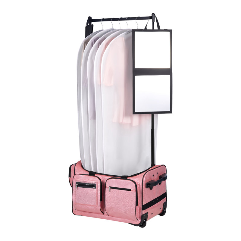 Sac de danse avec portemanteau, sac de danse à roulettes 23 pouces, avec roues, port USB, portemanteau réglable en hauteur, rideau de protection de la vie privée, idéal pour les voyages et les compétitions, rose étincelant