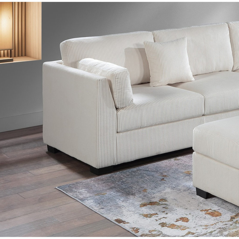 L-Sectional RAF/LAF One Arm-Loveseat Corner Wedge Cocktail Ottoman Corduroy Upholstered Pillows 4Pc Sectional Sofa Set
