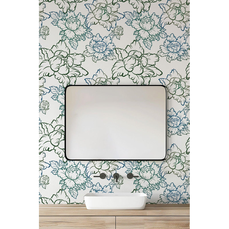 Peony 10' L x 24" W Peel and Stick Wallpaper Roll, Green/Blue, Faux Grasscloth, Non-pasted