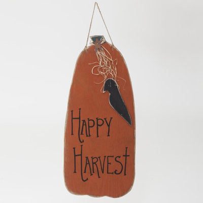 Décoration d'automne - Citrouille suspendue en bois 32 po avec corbeau