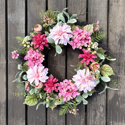Pink Dahlia & Hydrangea Spring Wreath