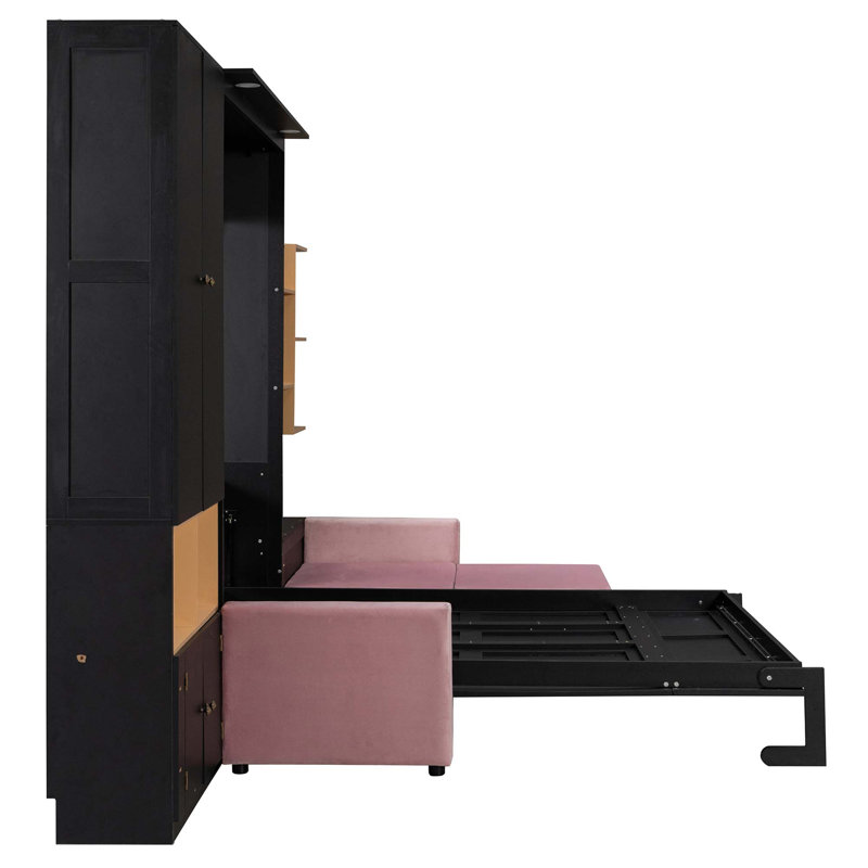 Lit escamotable moderne à économie d'espace avec canapé intégré et rangement multicouche, Noir; Rose