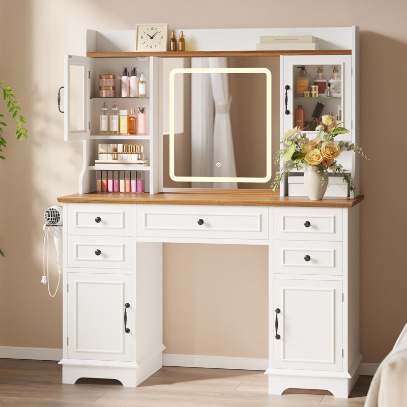 Vanity Desk with LED Lighted Mirror, Makeup Vanity Table with 5 Drawers, 4 Doors, and 3 Storage Shelves for Bedroom, Dressing Room, White