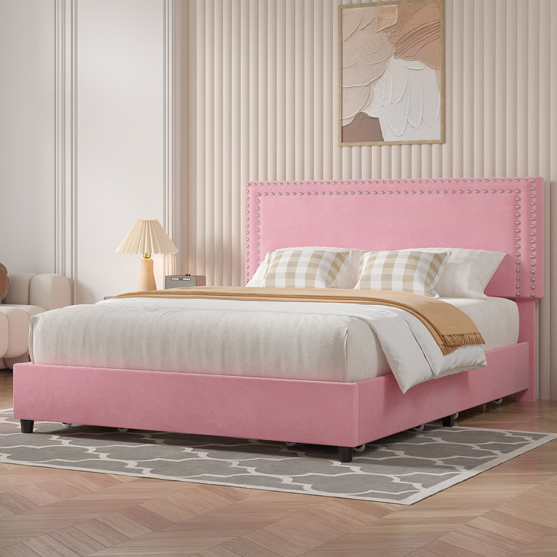 Queen Size Bed with Storage Drawers Upholstered Platform Bed Adjustable with Nailhead Trim Headboard Wooden Slats Support Bed Frame