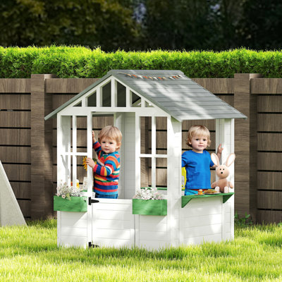 Kids Wooden Playhouse, Outdoor Garden Games Cottage, with Working Door, Windows, Flowers Pot Holder, 47" x 38" x 54", White