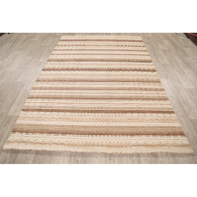 Tapis décoratif de laine de style marocain Ivoire 5 pi 3 po x 7 pi 6 po unique noué à la main New Age