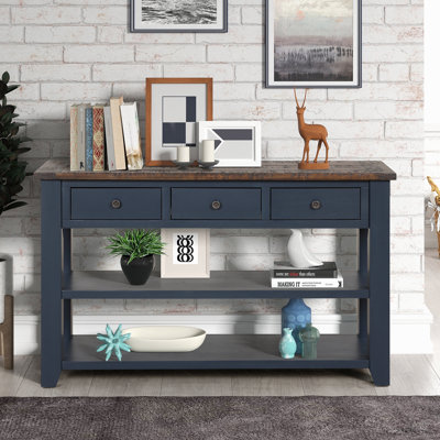 Console en bois de pin massif 48 po, table d'appoint moderne avec 3 tiroirs de rangement et 2 tablettes. Facile à assembler (bleu marine + plateau brun (ancien SKU: W120246667
