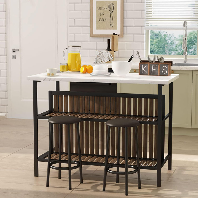 Ensemble de table de salle à manger pour 2 personnes, îlot de cuisine avec sièges Ensemble de table de bar avec rangement, îlot de cuisine peu encombrant avec 2 tablettes Îlot de cuisine avec tabourets de bar