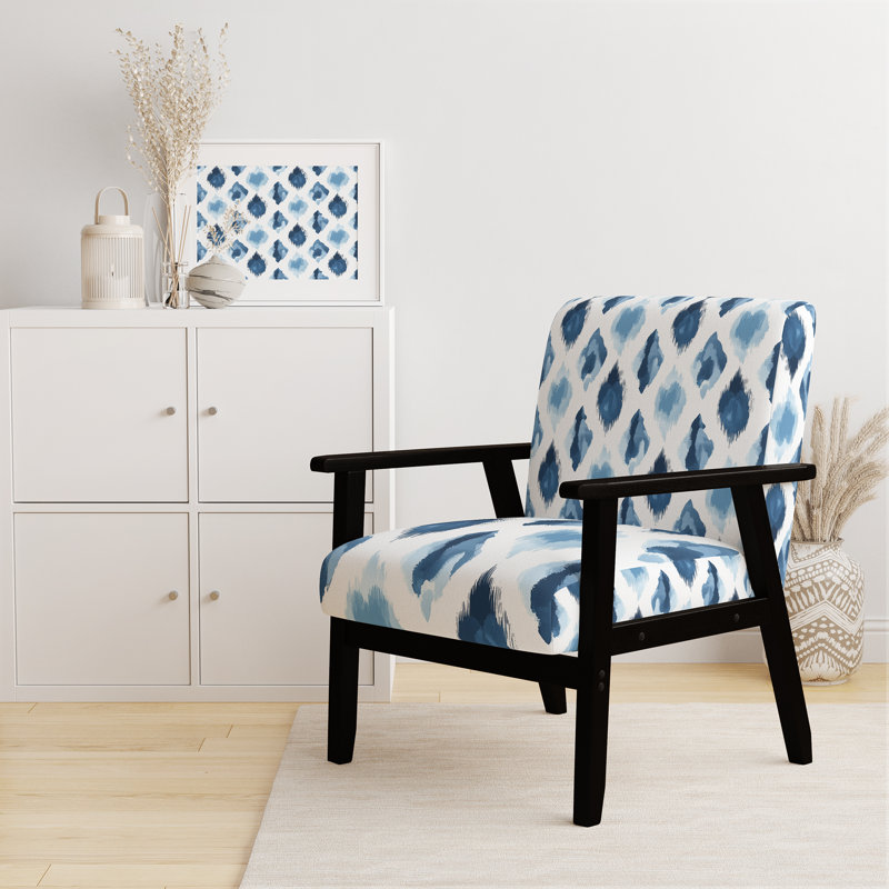 Chaise d'appoint moderne - Fauteuil bleu et blanc Ikat, Accoudoirs carrés noirs