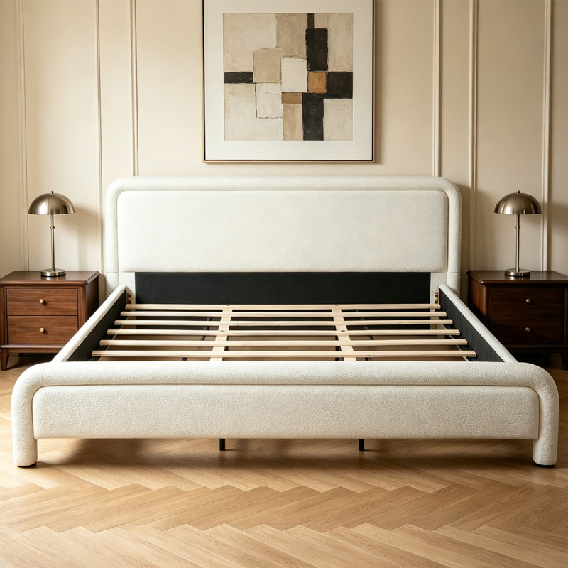 Structure de lit tapissier très grand avec tête de lit courbée, lattes en bois sans sommier, Très grand lit