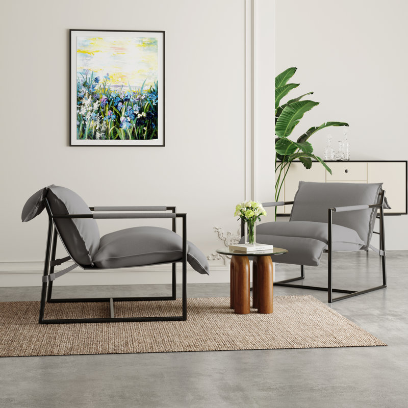 Upholstered Modern Metal Framed Polyester Blend Sling Accent Chair, Beige Polyester Blend/Fabric