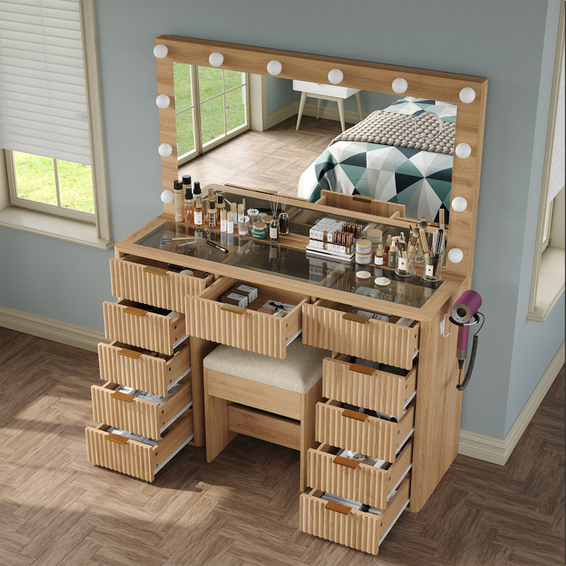 Vanity Desk with Power Outlet, Fluted Makeup Vanity with Lights Mirror, 3 Lighting Modes Adjustable, 11 Drawers Vanity Set, Makeup Table with Glass Top, Vanity Table with Chair
