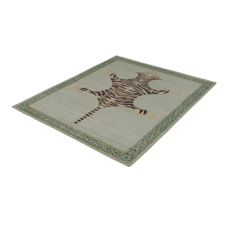 Rug & Kilim’S Classic Pictorial Tiger Rug In Green Distressed, Rectangle 10' x 14', Beige/Brown/Green