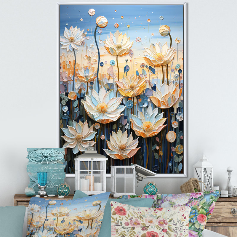 Pétales du lotus sacré IV sur toile, H 44 po x l 34 po x P 1,5 po, Cadre flottant blanc