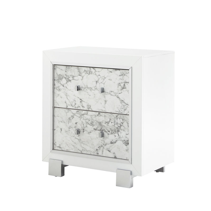 Table de chevet spacieuse en marbre blanc avec tiroirs décoratifs
