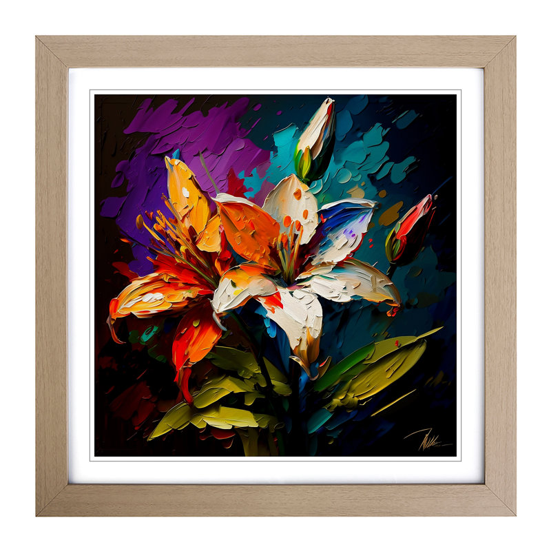 Lily Flower Palette Knife - Single Picture Frame Print on Wood, Oak