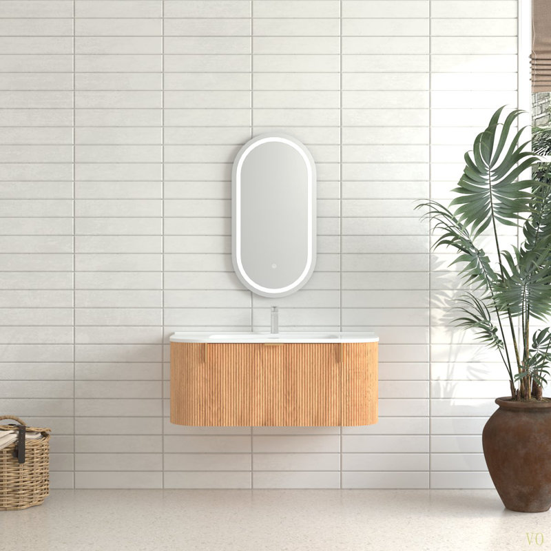 Meuble-lavabo de 36 po avec 2 tiroirs latéraux en bois massif à bords flottants muraux courbés et flottants, lavabo en céramique sans robinet, pré-assemblé