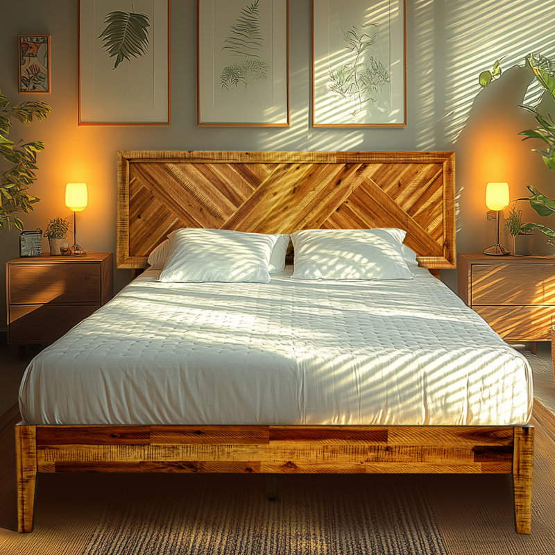 Sierra Solid Wood Bed Frame with Adjustable Headboard / Handcrafted Pattern Platform Bed, King, Walnut