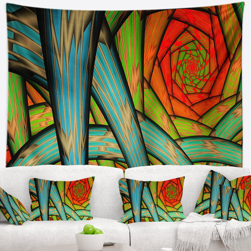 Tapisserie abstraite à motif fractal vert, H 68 po x l 80 po