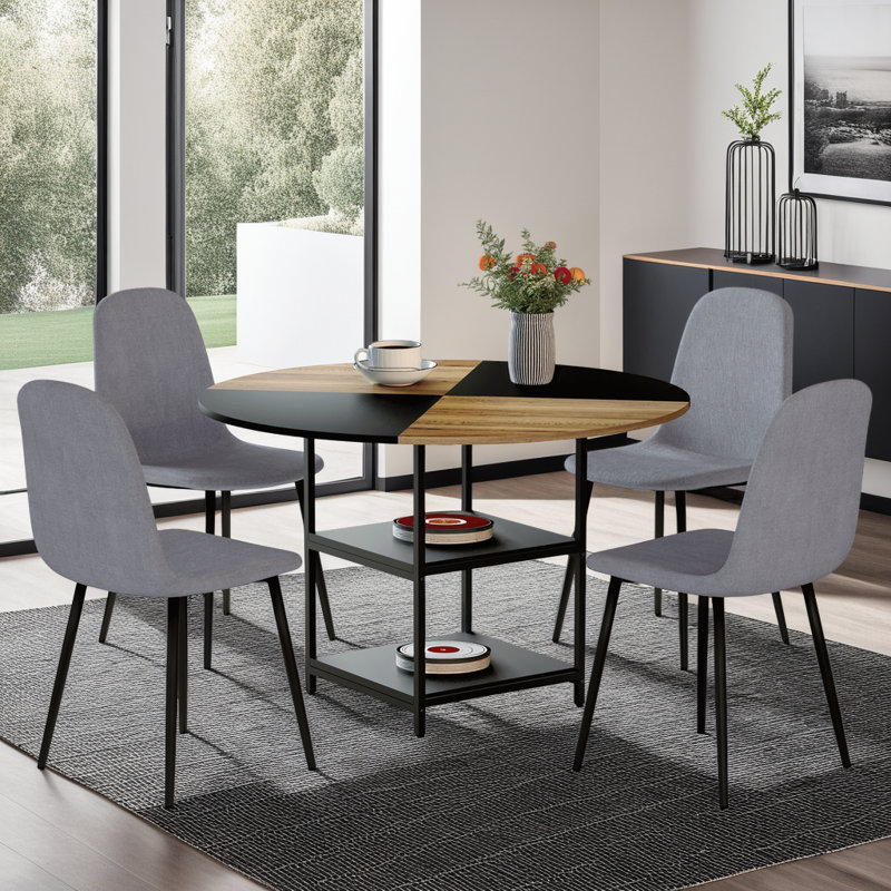 Table & 4 Chairs Set, Double-layer Storage, 47.3", Grey/Black