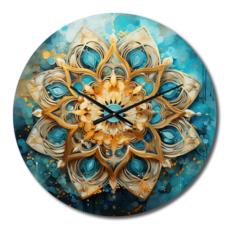 Horloge murale Divine Mandala en métal doré et turquoise III, Petit