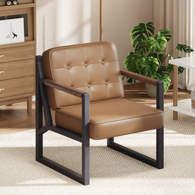 Modern Faux Leather Tufted Back Accent Chair with Metal Farme