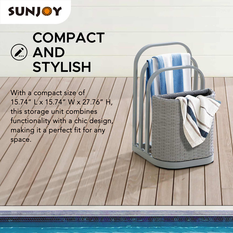 Gray Aluminum and Wicker Poolside Towel Rack with Storage Basket