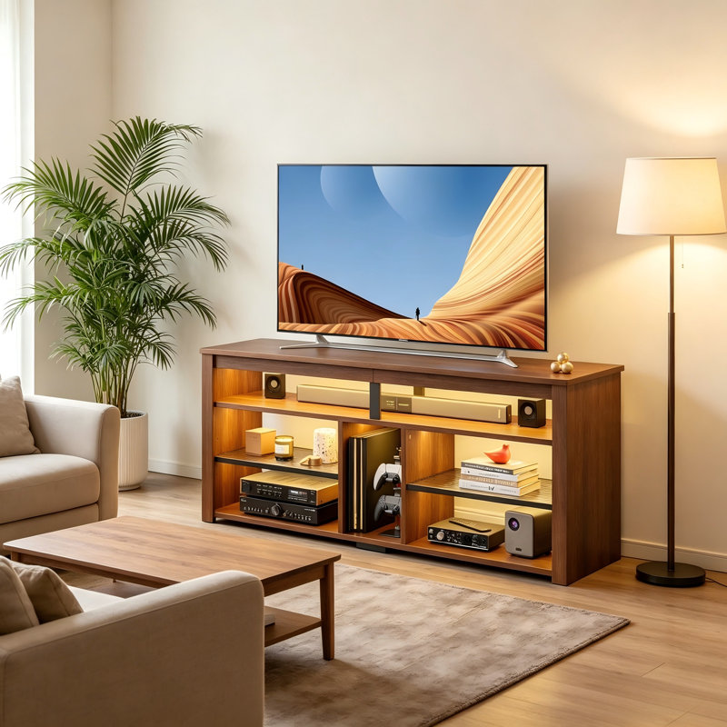Grand meuble télé en bois de noyer, compatible avec les téléviseurs de 65 pouces, avec rangement PS5 et éclairage ambiant à DEL.
