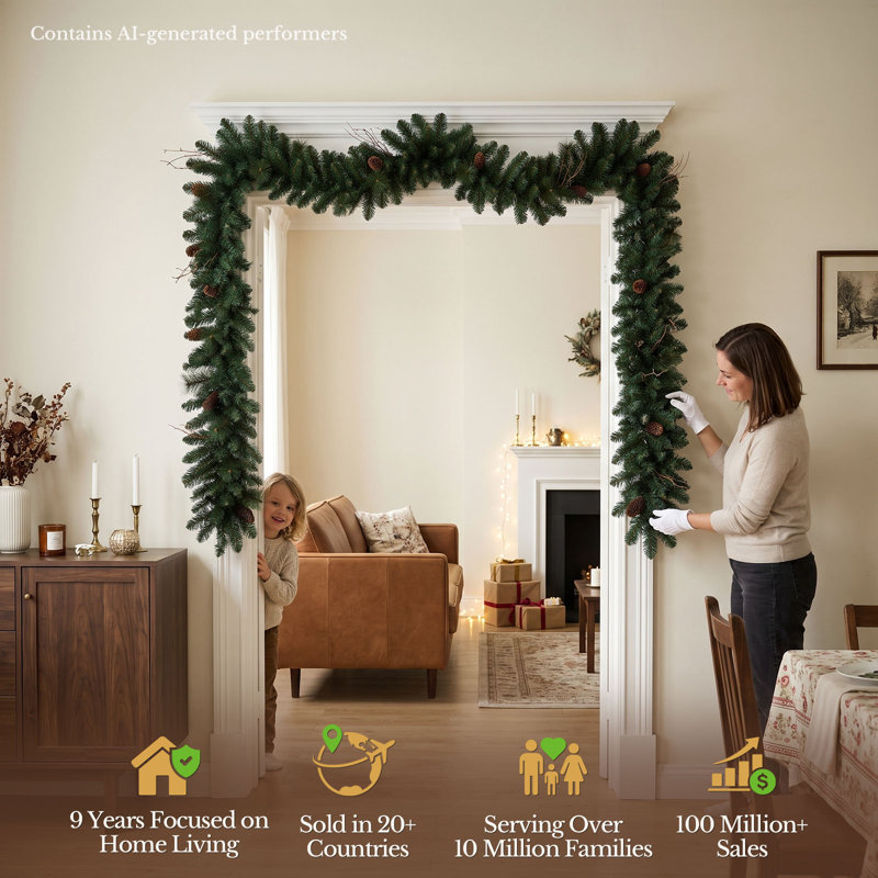 270cm (9ft) Christmas Garland, Prelit with Warm LED Lights & Timer, with Pine Cones & Branche