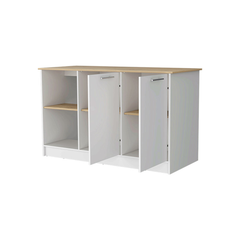 Îlot de cuisine avec comptoir spacieux, armoires à deux portes et 2 tablettes de rangement ouvertes, Blanc